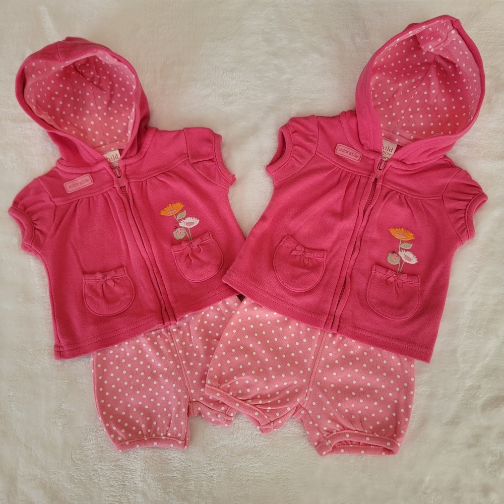 CARTER'S ♡ 2pc Pink Floral Short Sleeve Zip Front Hoodie w/Polka Dot Shorts NB